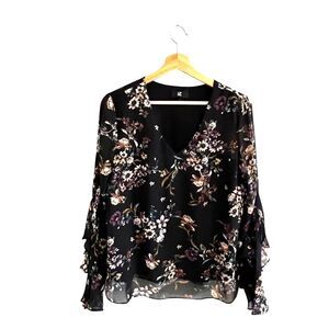 IZ Byer Black Floral Chiffon Top Size L Ruffled Boho Dark Floral Whimsigoth